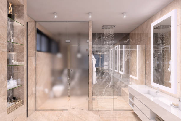 istock Luxury bathroom interior with glass door 1158672729