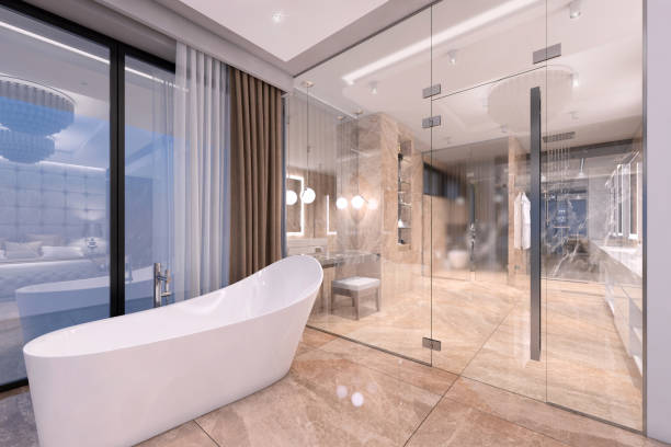 Luxury bathroom interior with glass door