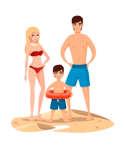 浜辺の若い家族人々は砂の上に立っている。美しい女性、水着を着た男と少年。漫画のキャラクターデザイン。白い背景のフラットベクトルイラストレーション - blond hair cartoon women beach点のイラスト素材／クリップアート素材／マンガ素材／アイコン素材