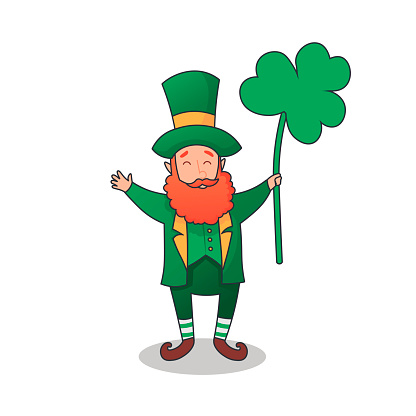 Happy Saint Patrick's Day. Character with green hat. Cartoon funny leprechaun with clover.