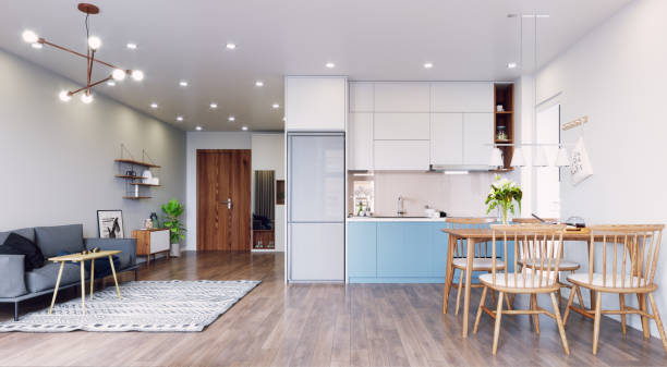 moderne wohn-innenarchitektur. - floor hardwood floor domestic kitchen wood stock-fotos und bilder