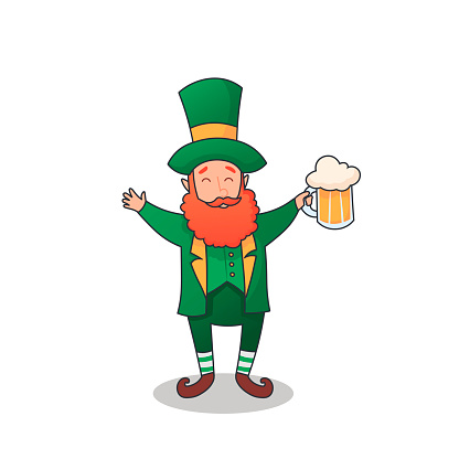 Vector outline Leprechaun with beer glass isolated on white background. character in green hat from Irish folklore in contour style for Happy Saint Patrick's Day.