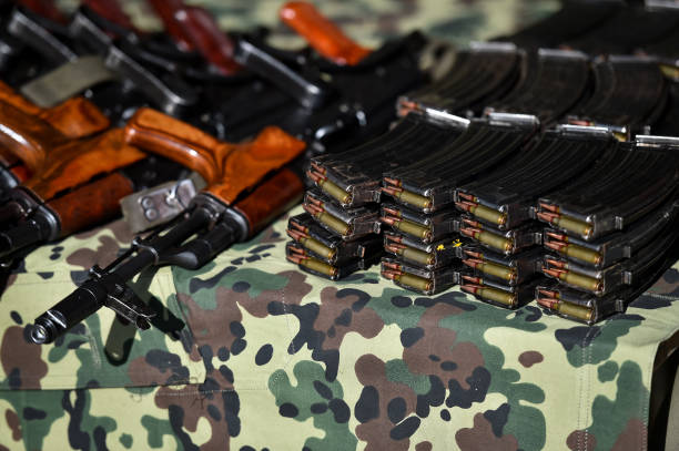 istock Assault rifle round magazine loaders in a shooting range 1158673996
