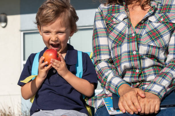 back to school, little boy child having an apple in his first day of school - little boys preschooler back to school backpack imagens e fotografias de stock