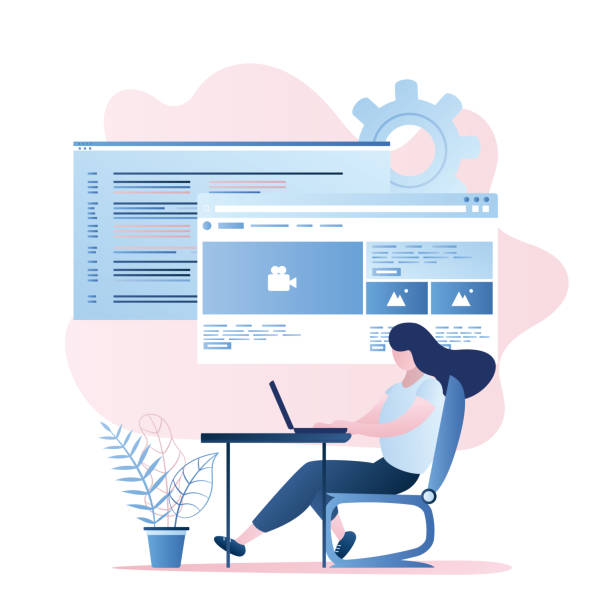 Beauty female programmer with laptop at workplace,front-end and back-end development vector art illustration