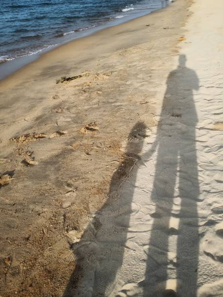 istock Sunset walking by the beach shadow with a kids holding hand on sand 1158674483