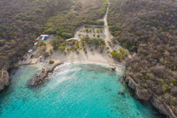 Aerial view over beach Playa Daaibooi on the western side of  Curaçao/Caribbean /Dutch Antilles stock photo