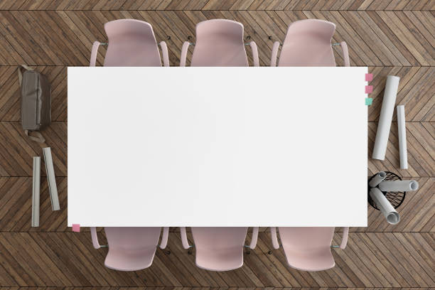 istock Top view of a clean blank table top with chairs around 1158675140