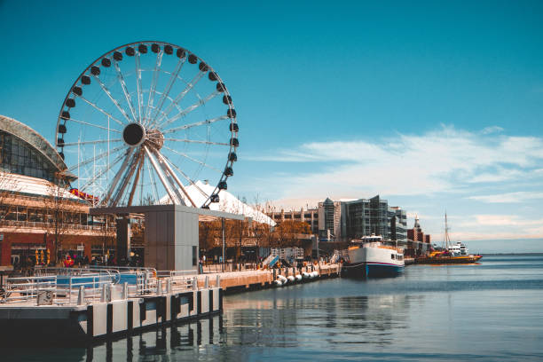 view of the navy’s pier centennial wheel of fortune and boats in chicago - international landmark sunny lake sky imagens e fotografias de stock