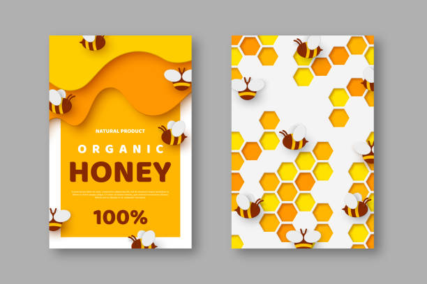 Design for beekeeping and honey product Paper cut style posters with bee and honeycomb. Typographic design for beekeeping and honey product. Vector illustration. honeycomb animal creation stock illustrations