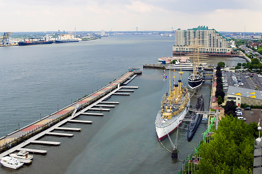 Aerial view of the famous Penns Landing on the Delaware River in Philadelphia, PA
