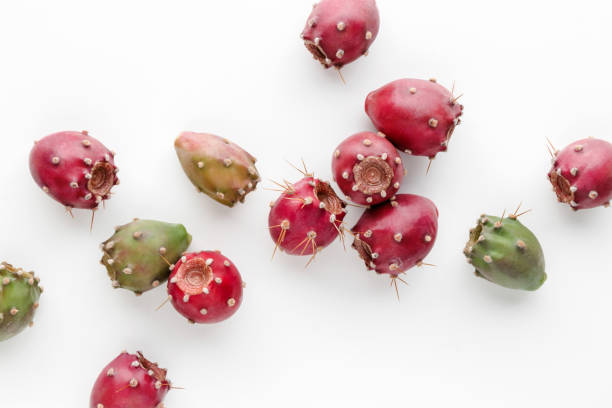 Prickly pear Prickly pear fruit on a white background, creative flat lay food concept, prickly pear cactus, Opuntia ficus-indica pics of a spiky fruit stock pictures, royalty-free photos & images
