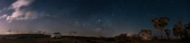 Milky way Panorama and white car in a park stock photo