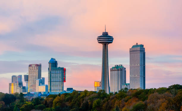 Niagara Falls, Canada - October 27, 2017: Hotels, casinos, and the Skylon Tower dominate the city skyline at sunset.