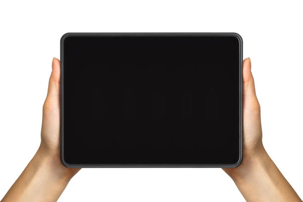 la mano delle donne mostra il tablet nero, il concetto di scattare foto o selfie - touchpad laptop computer software human finger foto e immagini stock