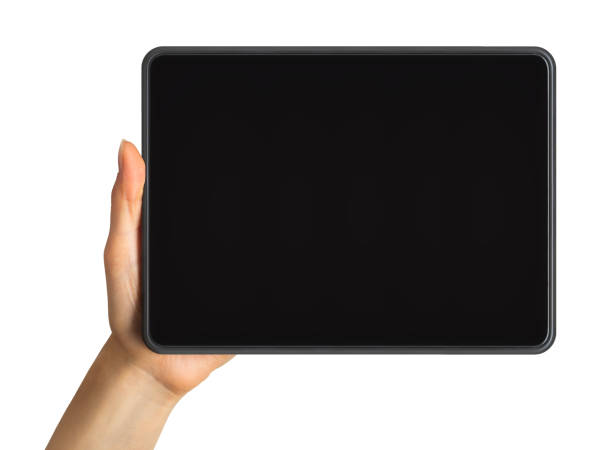 mano delle donne che mostra tablet nero, concetto di scattare foto o selfie - touchpad laptop computer software human finger foto e immagini stock