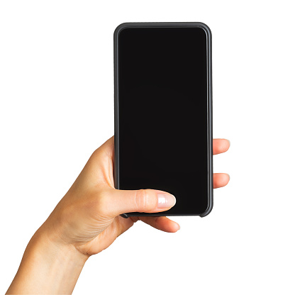 Women's hand showing black smartphone, concept of taking photo or selfie. Isolated with clipping path.