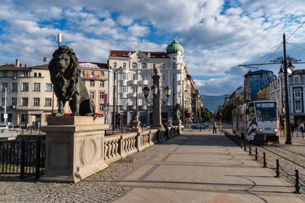 Sofia, Bulgaria - May 10, 2019: Lion statue on the Lions Bridge in Sofia, Bulgaria.