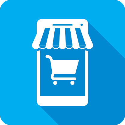 Vector illustration of a blue smartphone with shopping cart icon and awning in flat style.