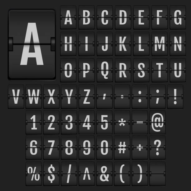 Realistic flip alphabet and numbers. Realistic 3d flip alphabet and numbers. Universal analog boards font on dark background. Vector terminal flip board font for flight destination and timetable. black torn stock illustrations
