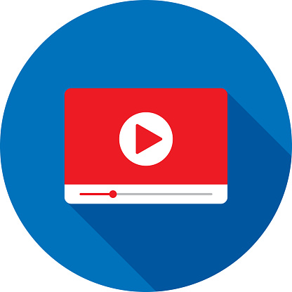Vector illustration of a red video player against a blue background in flat style.