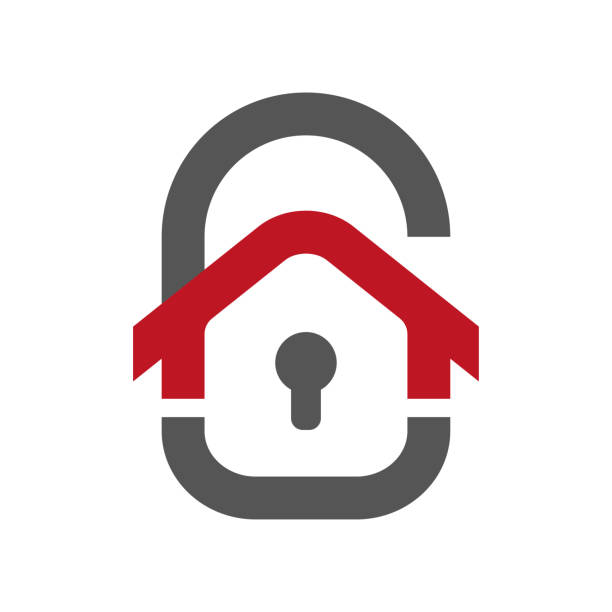 Home protection icon. House in the form of a door lock. Protection vector icon for web design isolated on white background. Home guard concept. EPS 10 Home protection icon. House in the form of a door lock. Protection vector icon for web design isolated on white background. Home guard concept. EPS 10 property security stock illustrations