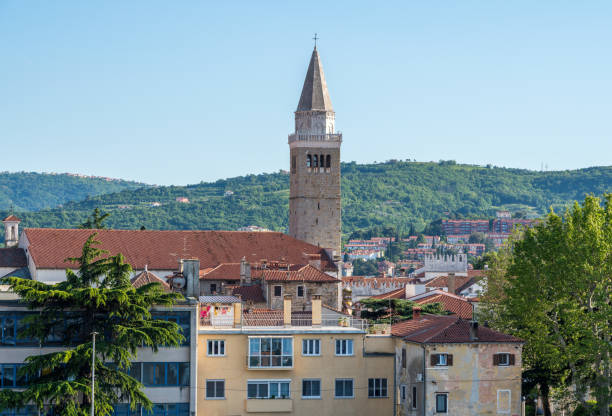 Church tower rises above the old town of Koper in Slovenia Church tower and city skyline of town of Koper in Slovenia koper slovenia stock pictures, royalty-free photos & images