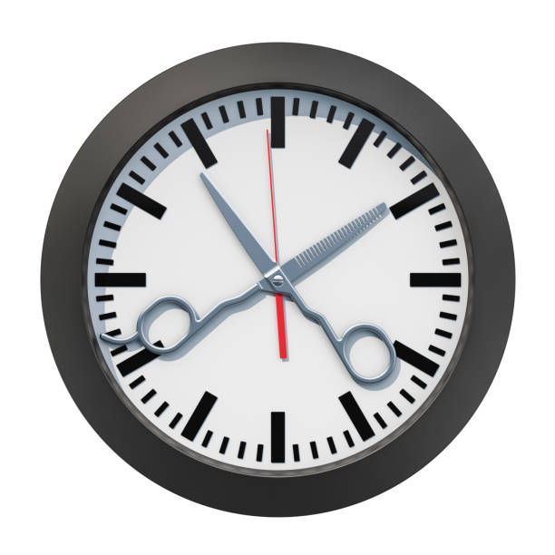 istock Barbershop Time concept. Clock face with scissors, 3D rendering isolated on white background 1158694276