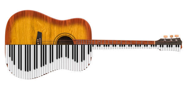 acoustic guitar and piano. music duet concept, 3d rendering isolated on white background - piano piano key orchestra close up imagens e fotografias de stock