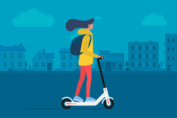 illustrazioni stock, clip art, cartoni animati e icone di tendenza di giovane personaggio femminile con giro zaino moderno trasporto urbano scooter elettrico kick. il millennial adulto hipster attivo utilizza tecnologie di ecologia dello stile di vita. illustrazione vettoriale sul paesaggio urbano - monopattino elettrico