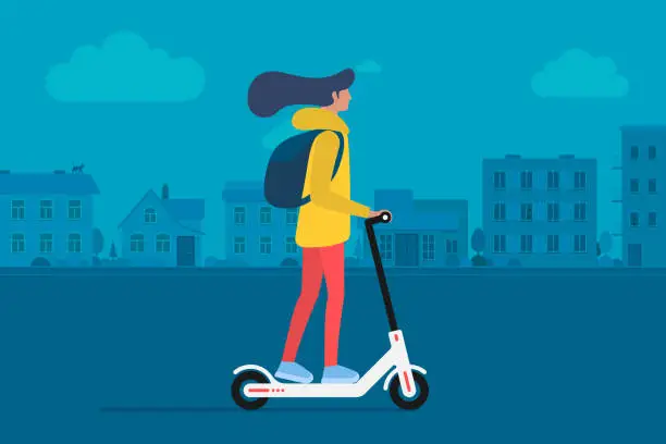 Vector illustration of Young female character with backpack ride modern urban transport electric kick scooter. Active hipster adult millennial uses lifestyle ecology technologies. Vector illustration on cityscape