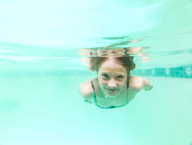 istock Kid swimming in a pool in underwater view 1158699095