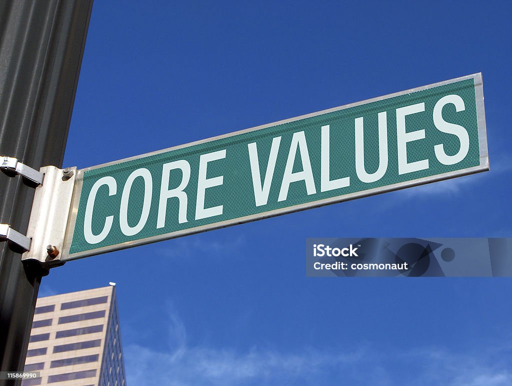 Road Sign: Core Values A road sign with the words Core Values on it. Color Image Stock Photo