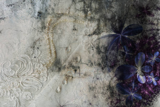 3d wallpaper, flowers on lace and concrete wall background. Murals effect.