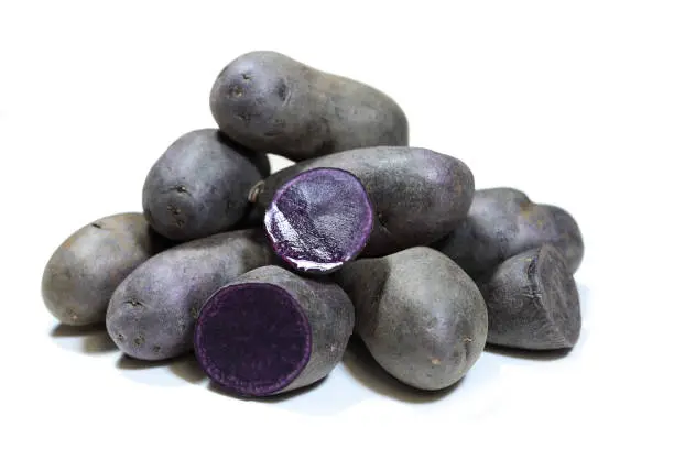 Group of baby purple potatoes over white background
