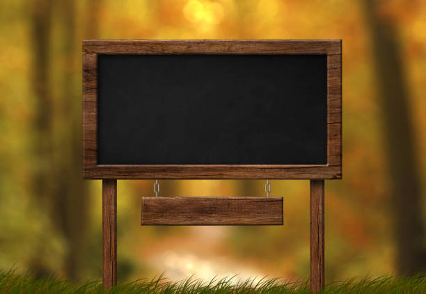 Large empty blackboard with wood frame and autumn forest background