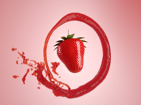Sweet fresh strawberry juice or jam splash swirl with strawberry. 3D render - illustration