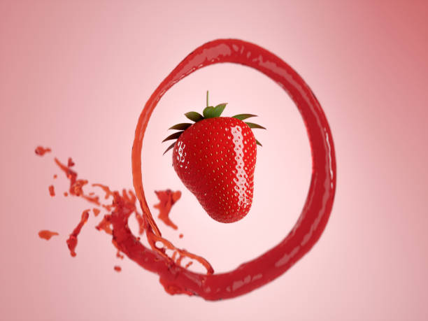 Sweet fresh strawberry juice or jam splash with strawberry. Sweet fresh strawberry juice or jam splash swirl with strawberry. 3D render - illustration strawberry crush stock pictures, royalty-free photos & images