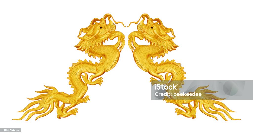 Golden Dragon Wooden Isolated On White Background Stock Photo - Download  Image Now - Dragon, Ancient, Architecture - iStock
