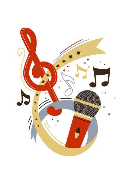 Microphone and music notes flat vector illustration Microphone and music notes flat vector illustration. Song contest, vocal show. Singer, stand up artist performance. Professional retro mic, melody, tune isolated clipart. Recording studio logo loud shirts stock illustrations