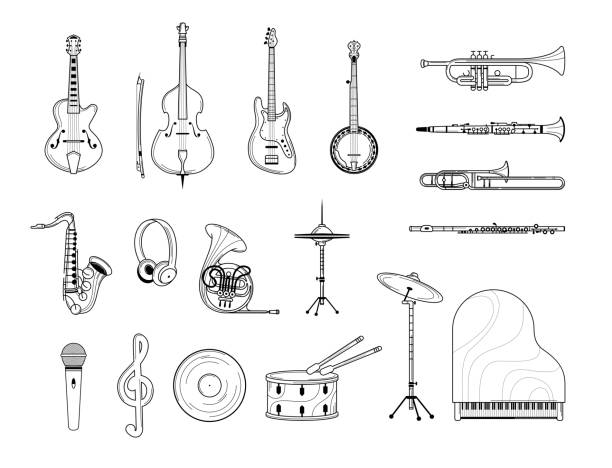 Musical instruments outline illustrations set Musical instruments outline illustrations set. Acoustic and electric guitar, grand piano, banjo line art. Trumpet, saxophone, flute sketches. Retro music record and microphone isolated cliparts pack guitar drawings stock illustrations