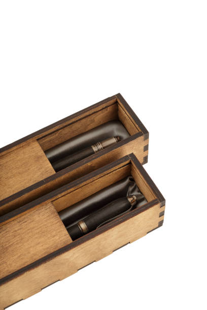 istock Boxes of wood handmade with gift pens inside on a white background, isolate 1158717403