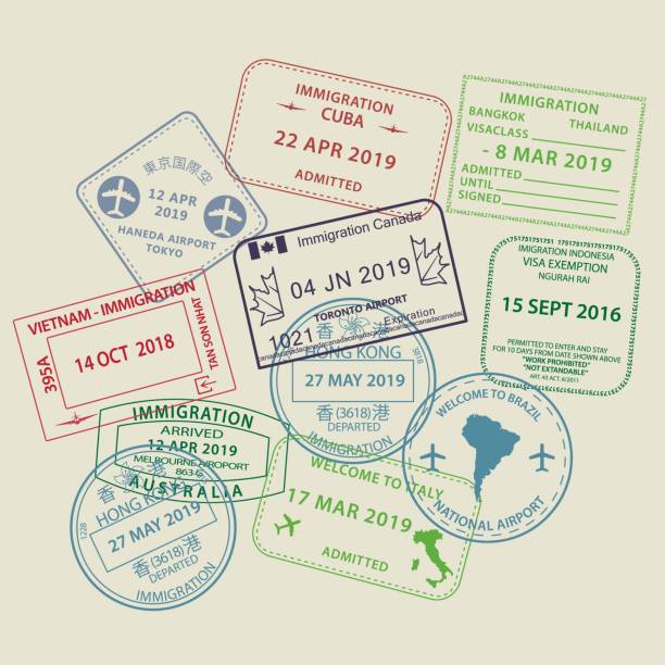 istock Set of Visa passport stamps to different countries 1158717499