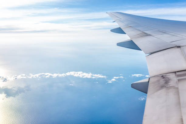 istock White blue airplane in sky with view from window high angle during sunny day with plane wing and sun setting above horizon with light path 1158718008