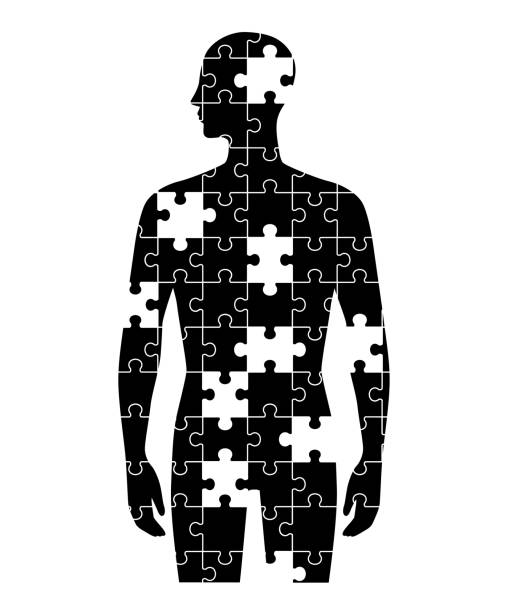 puzzle in menschlicher form und chipping - the game of operation stock-grafiken, -clipart, -cartoons und -symbole