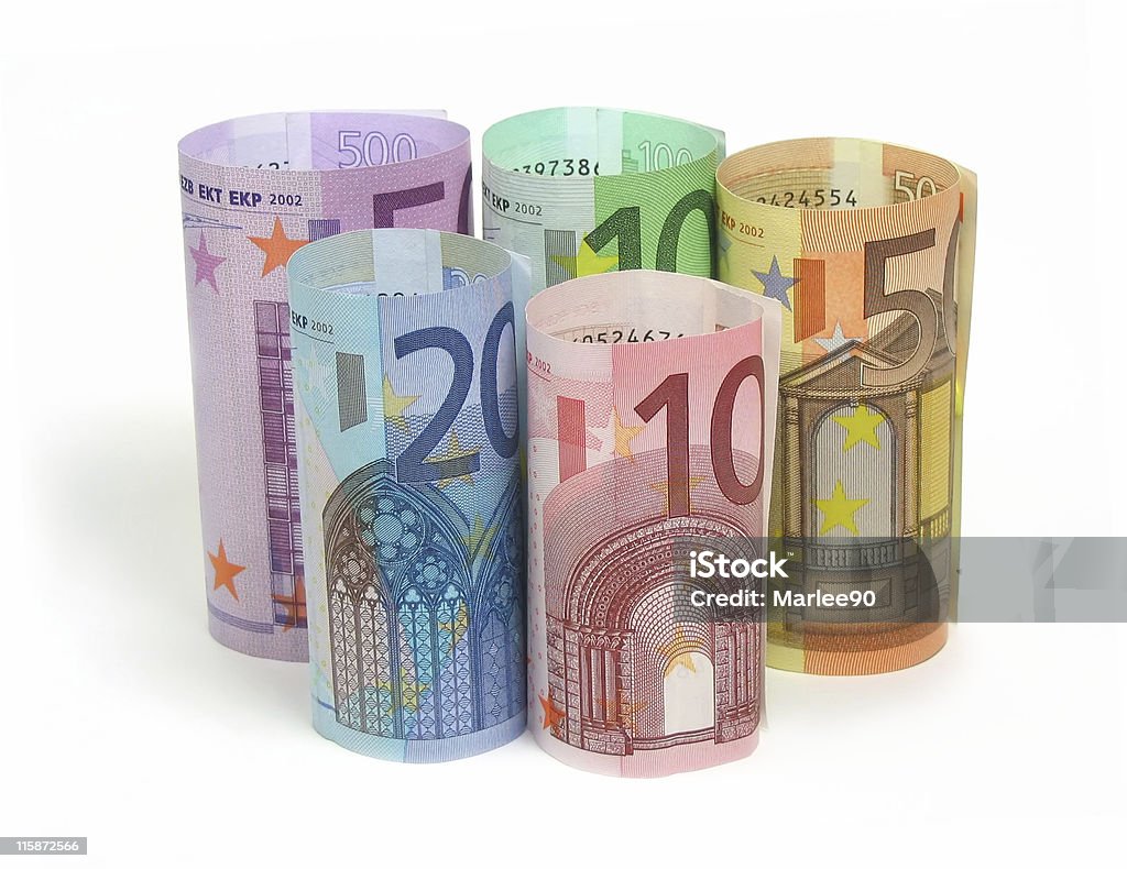 Euro notes 10, 20, 50, 100 and 500 euro notes on white background European Union Euro Note Stock Photo