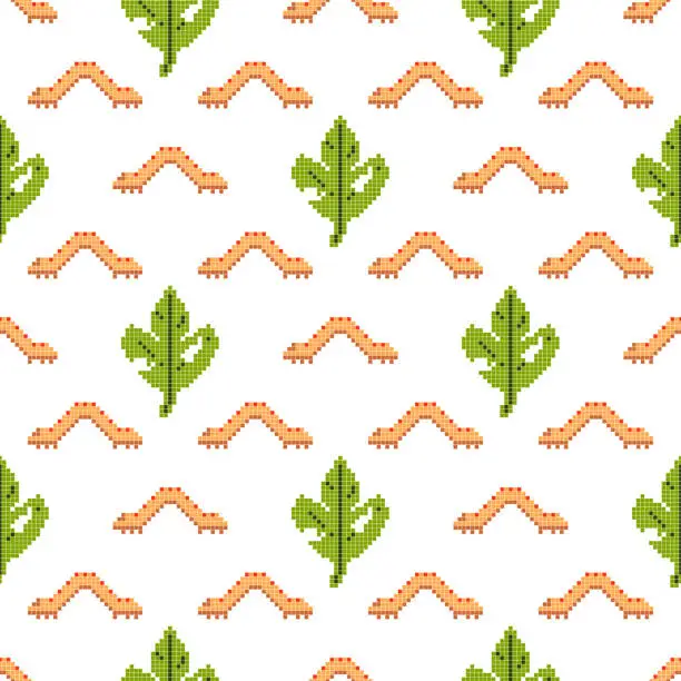 Vector illustration of Seamless pattern with green leaf on a white background. Pixel art, vector illustration. Retro style game