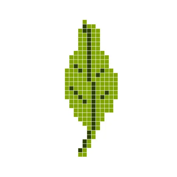 Vector illustration of Green leaf. Pixel art, cartoon vector illustration. Retro style game