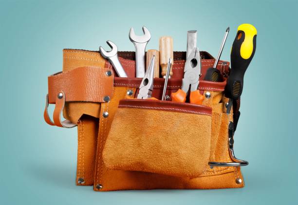 Carpenter. Tool belt with tools on pastel gradient background tool belt stock pictures, royalty-free photos & images