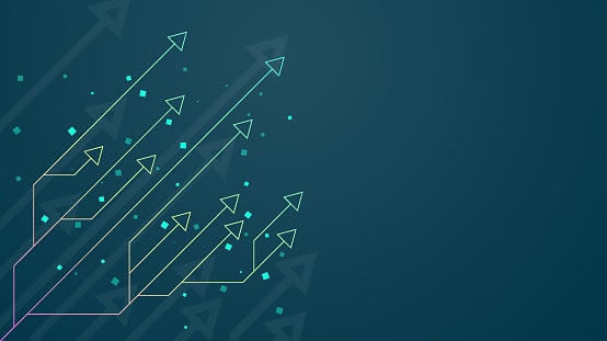 Rainbow up arrows circuit style on blue background illustration, business growth concept.